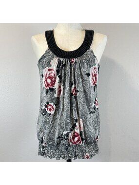 Maurices Sleeveless Top Sz Medium Gray Pink Floral Beaded Neckline Lined Keyhole
